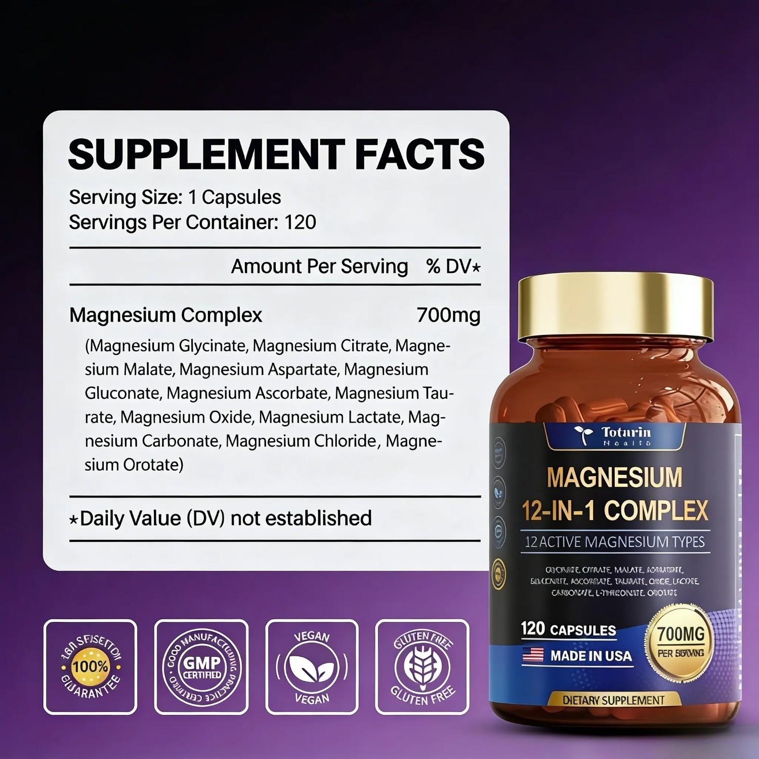 12-in-1 Magnesium 700mg by Totaria Nature | Vegan Nerve & Bone Health Supplement