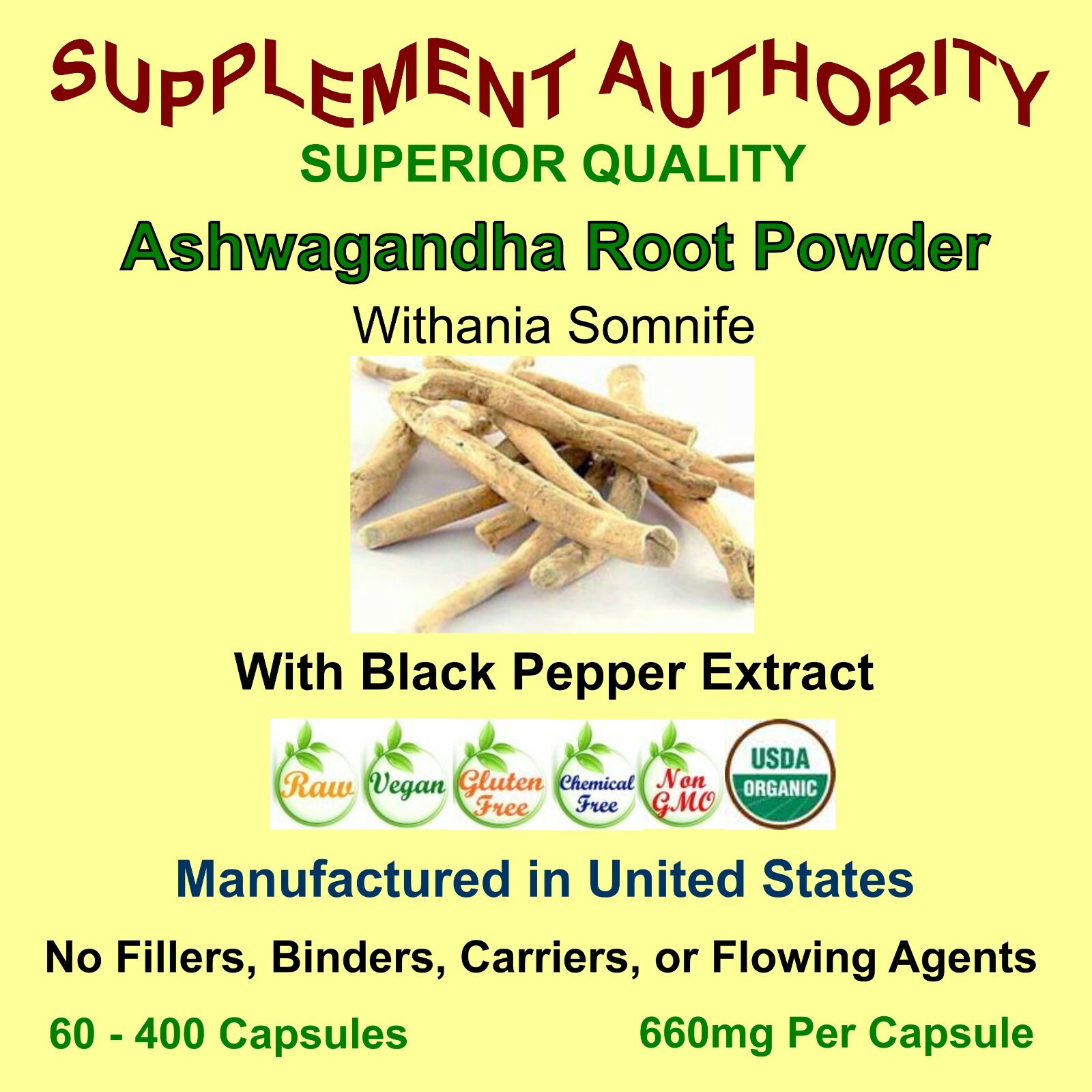 Ashwagandha Root Capsules 1320MG with Black Pepper Powder Extract ~Organic~ NEW!