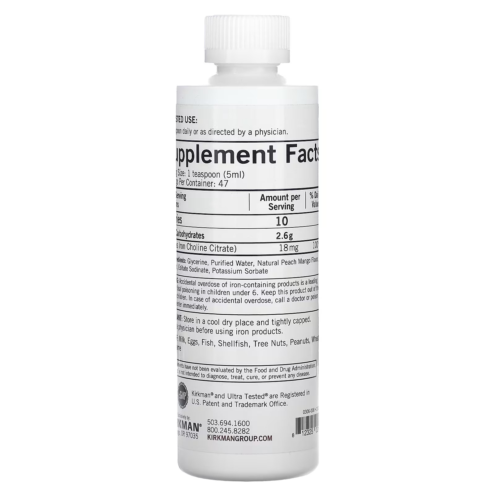 2 X Kirkman Labs, Iron Liquid, Natural Peach Mango, 8 fl oz (237 ml)-worldwide