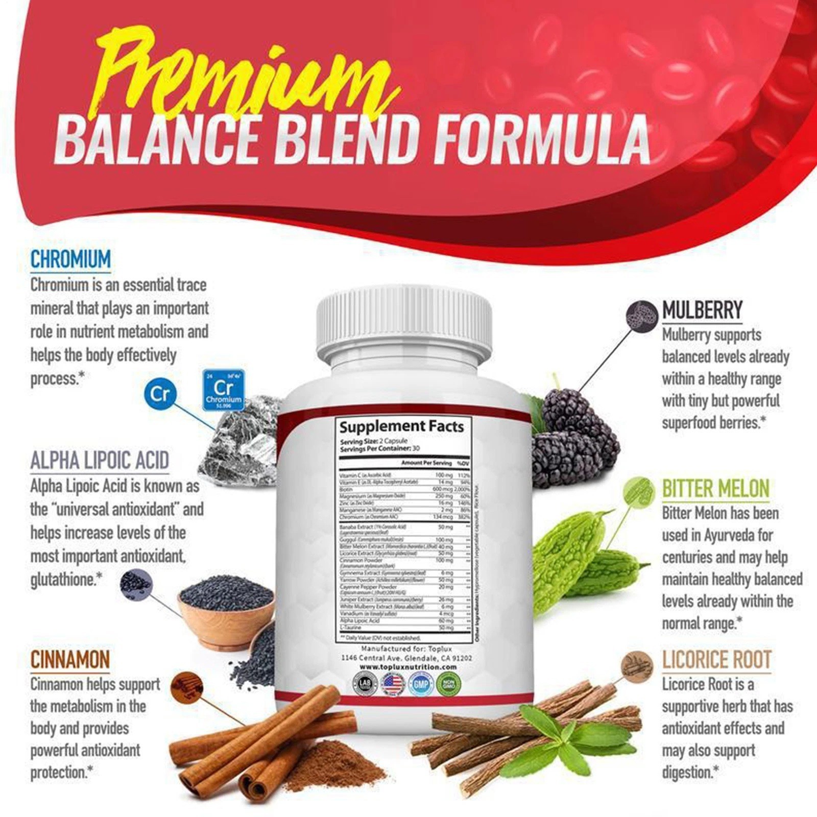 1~3x BLOOD SUGAR BLEND SUPPORT Alpha Lipoic Acid&Cinnamon 20Herbs Complex-60CAPS