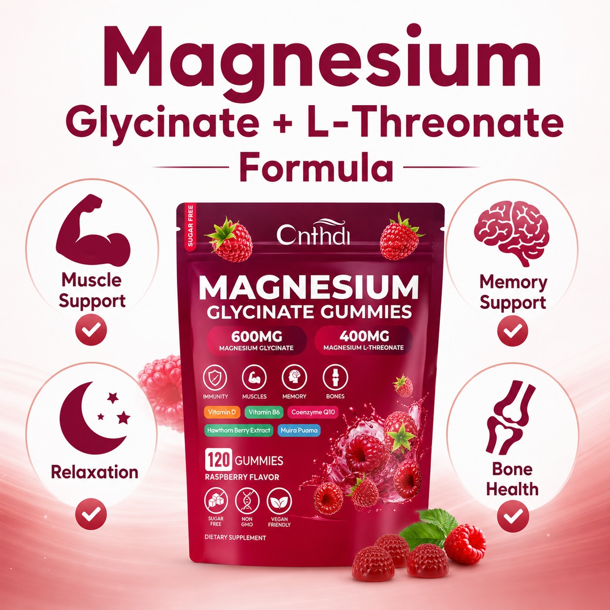 Magnesium Glycinate Gummies 600mg + L-Threonate 400mg Sugar Free 120 Count