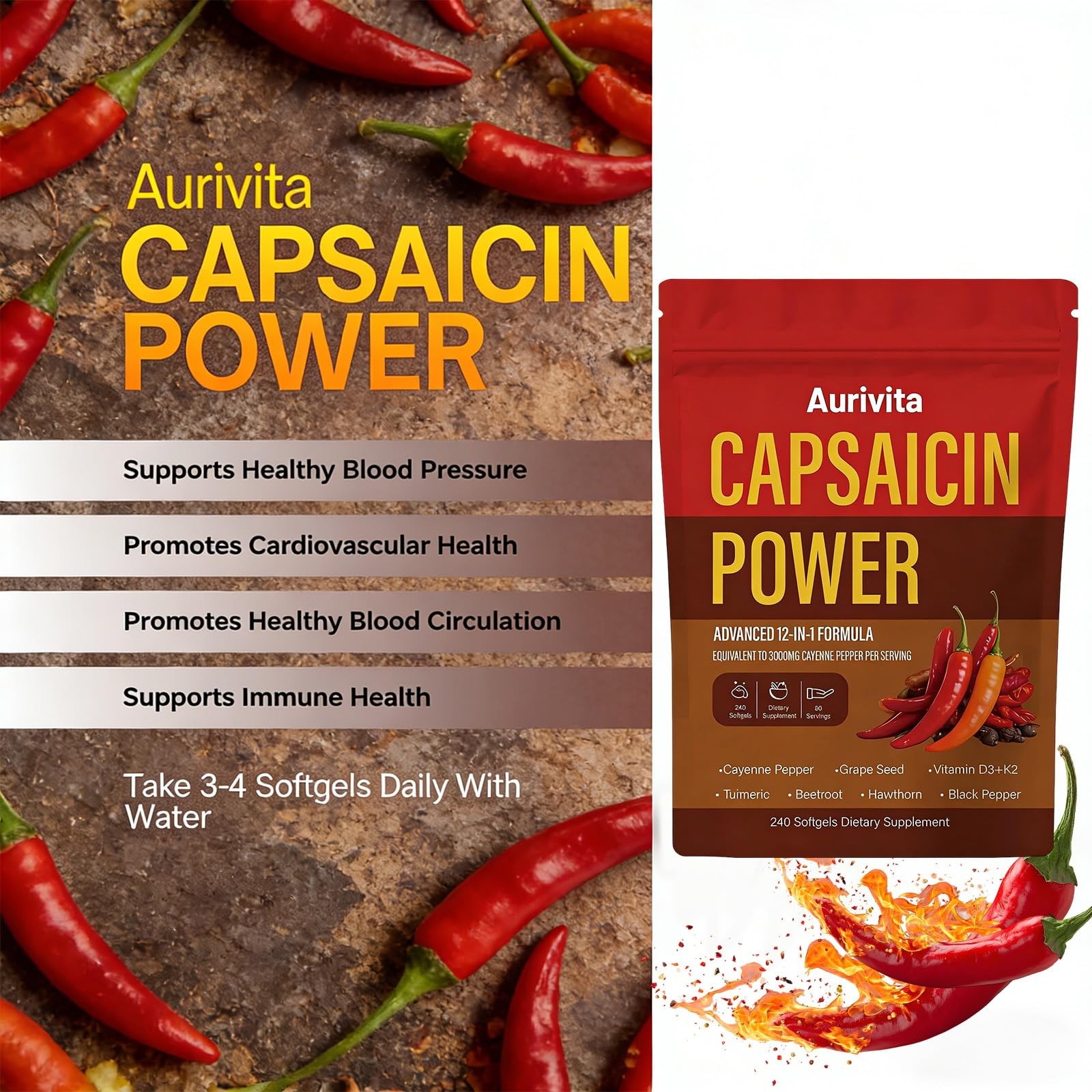 Capsaicin Softgels Cayenne Pepper Capsules Vitamin D3 K2 Beetroot Grape Seed 240