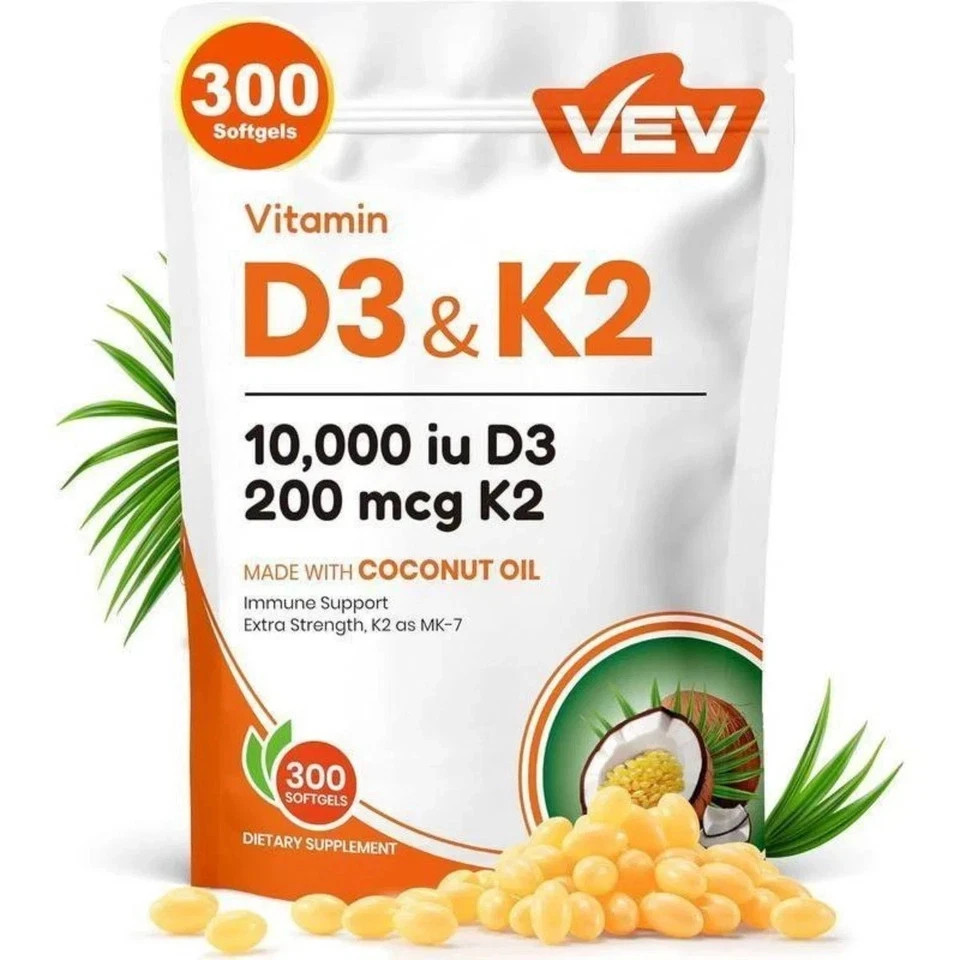 VEV D3 K2 10000 IU Softgels with Coconut Oil, 2-in-1 Vitamin Relief 300 Ct