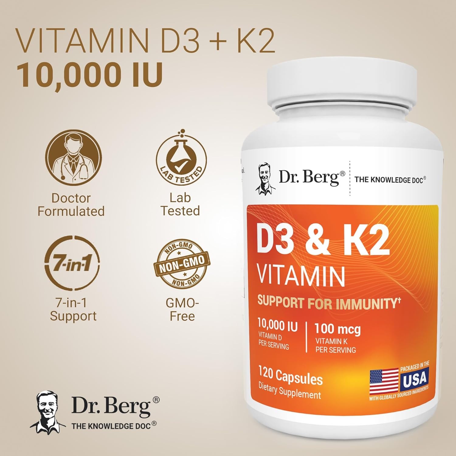 Dr. Berg D3 & K2 Vitamin Supplement – D3 K2 10,000 IU , 120 Capsules