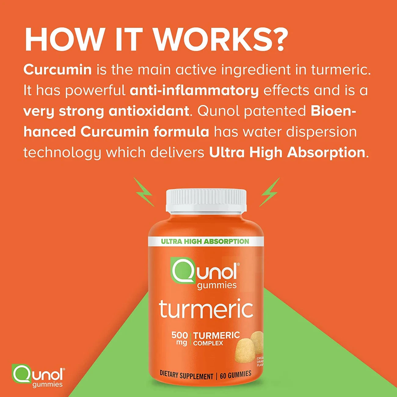 3 Pack Qunol Turmeric 500mg Curcumin Gummies Tangerine Vegan (600 gummies total)