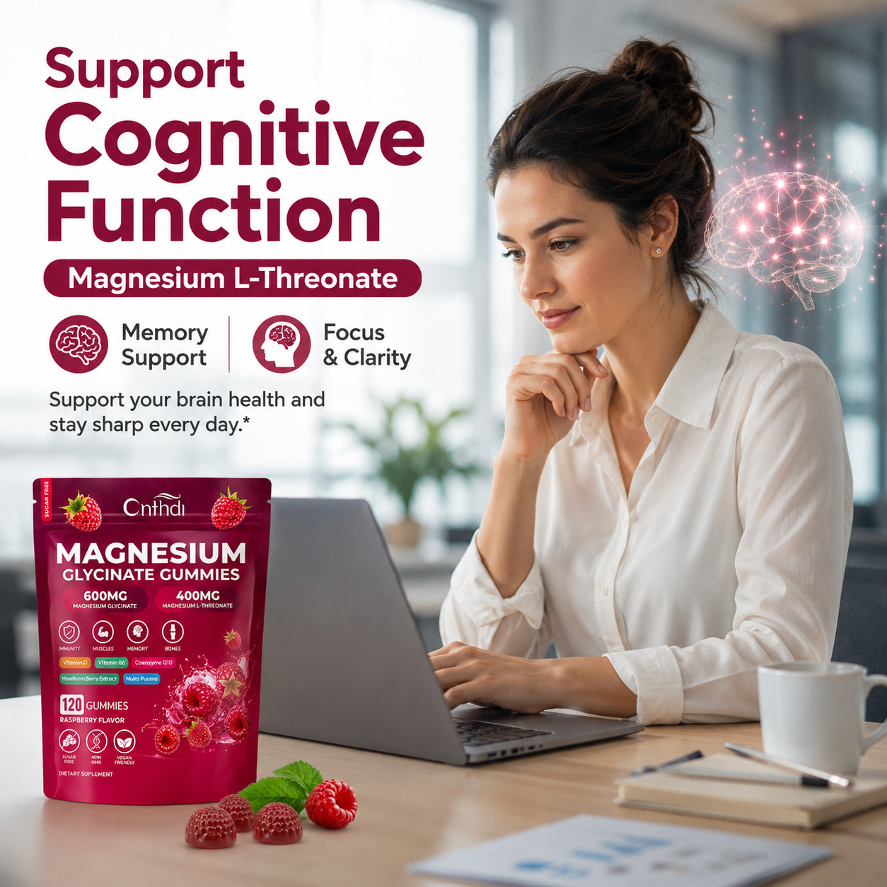 Magnesium Glycinate Gummies 600mg + L-Threonate 400mg Sugar Free 120 Count