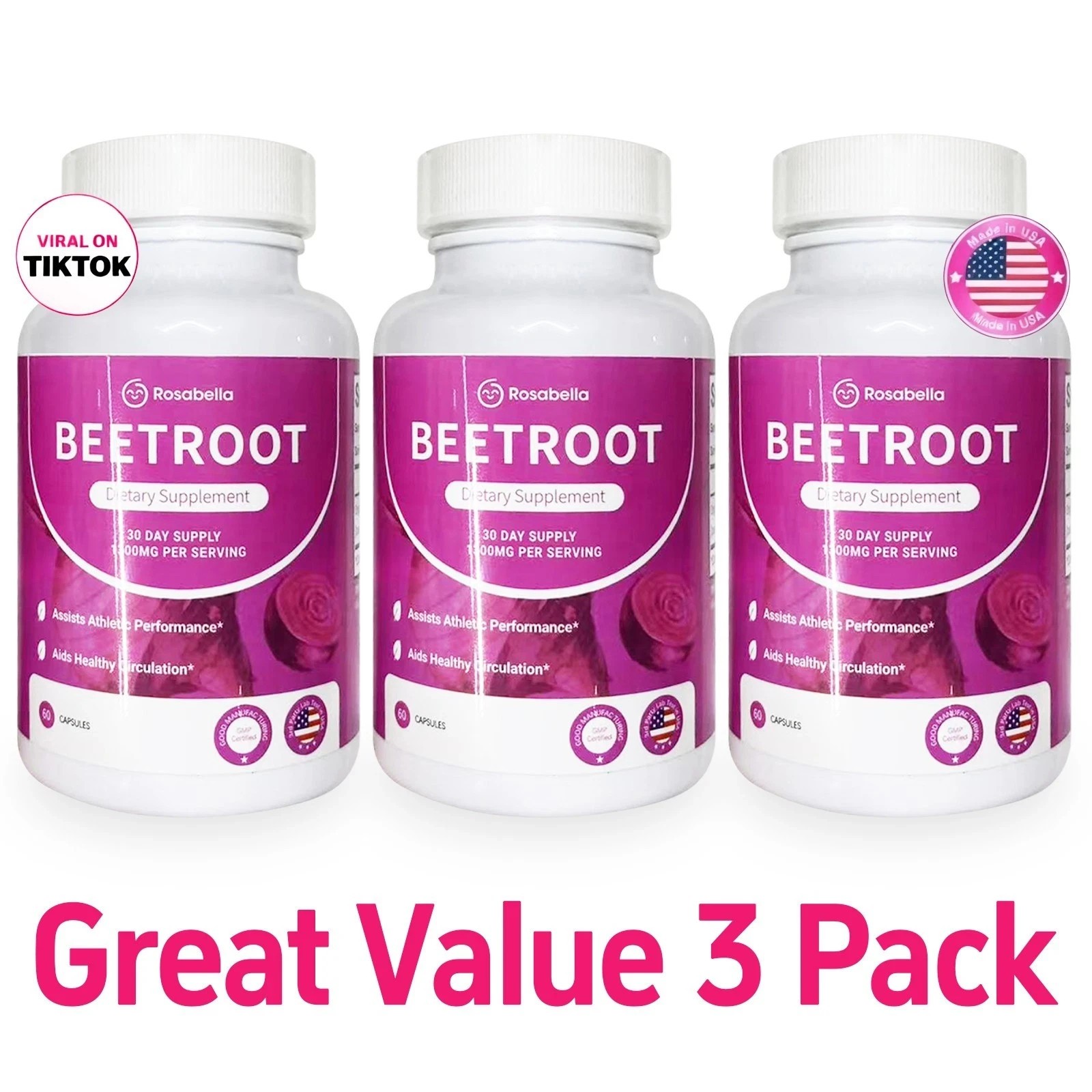 3PCS Rosabella Organic Beet Root 60 CapsulesNatural Energy Boost Blood Pressure