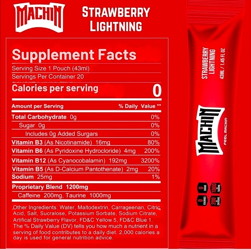 20 Pack MACHIN Ready to Drink Energy Shot Pouches (Strawberry Lightning) 1.45oz
