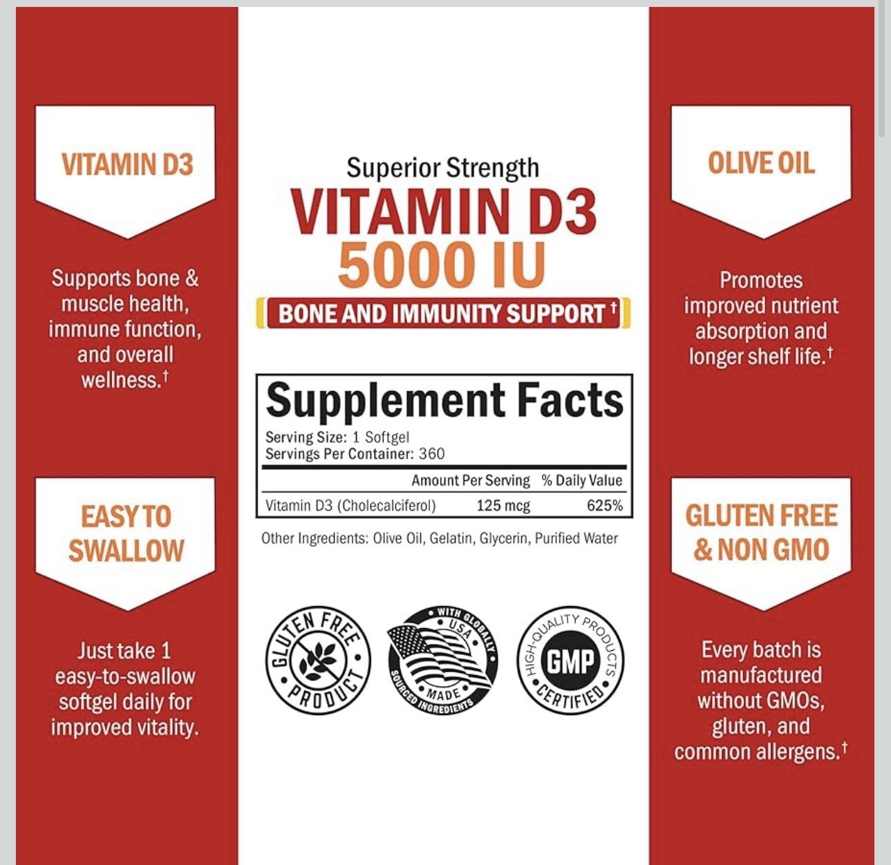 BioSchwartz Vitamin D3 5000 IU (125 mcg) Immune Support 360 Softgels each. 2 PK!