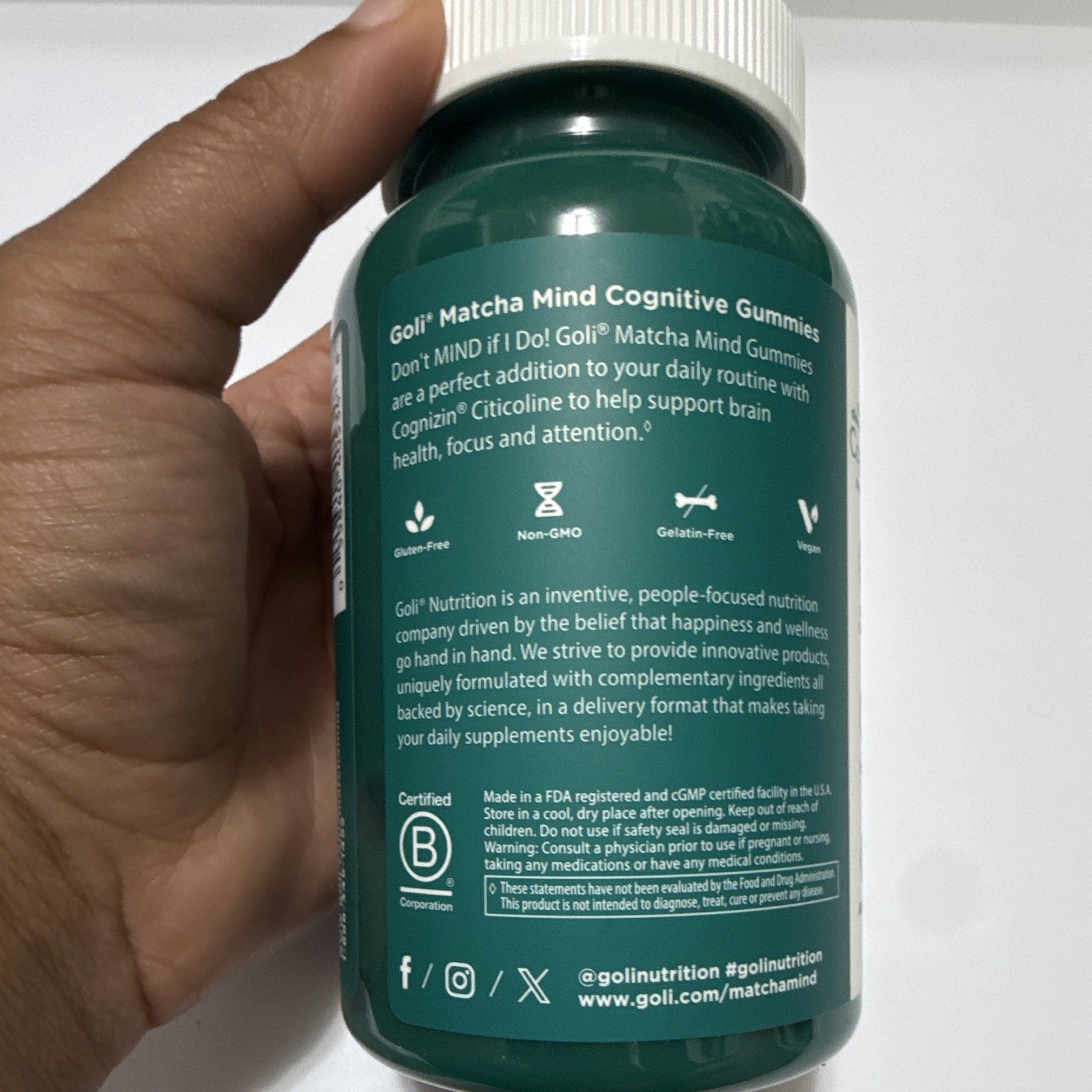 Goli Matcha Mind Cognitive Gummies 60 Count Cognizin Brain Focus Supplement