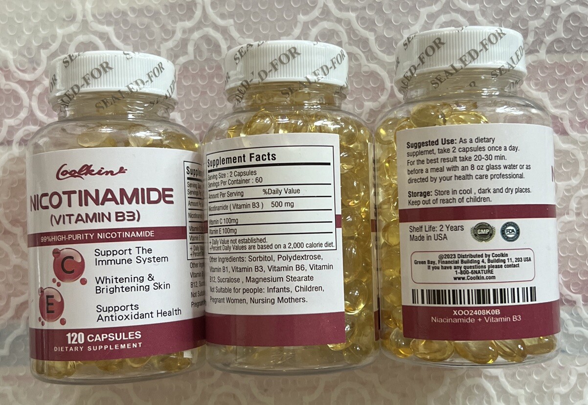 Coolkin Nicotinamide Vitamin B3 Immune System Whitening Skin 120 Caps Exp 11/25