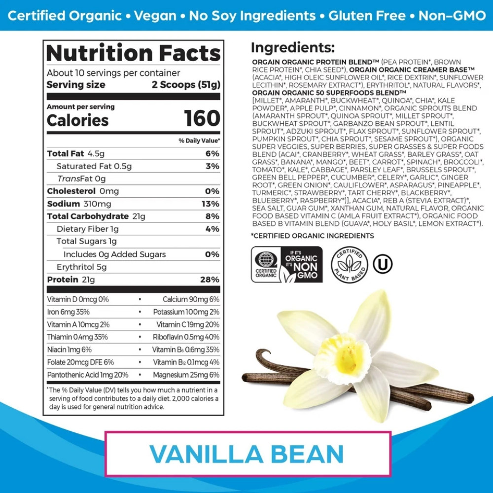 Orgain Organic Plant-Based Protein Powder Vanilla Bean Exp 11/29/2026