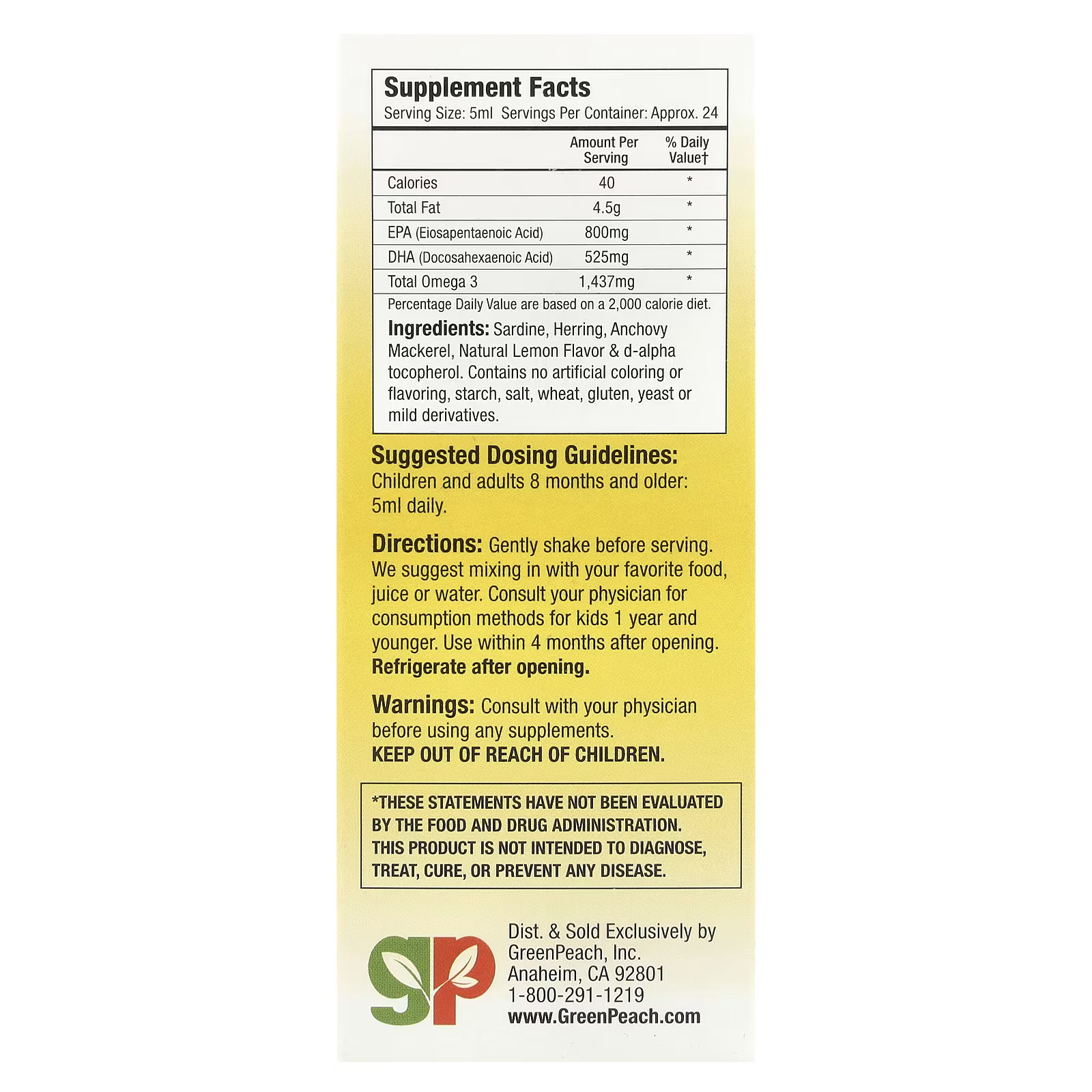 2 X GreenPeach, Omega 3 EPA & DHA, Lemon, 4 fl.oz (118.3 ml)-worldwide