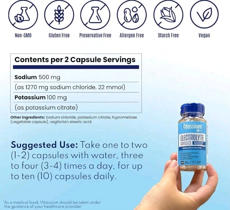 Vitassium Electrolyte Capsules POTS Dysautonomia High Sodium Salt Pills 100ct