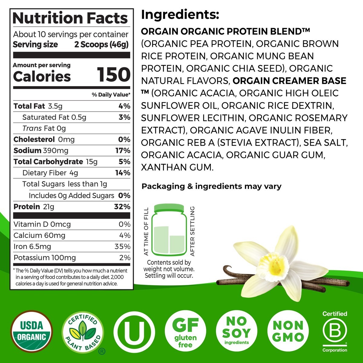 Orgain Organic Vegan Plant Based Protein Powder – Vanilla Bean – 16.32oz